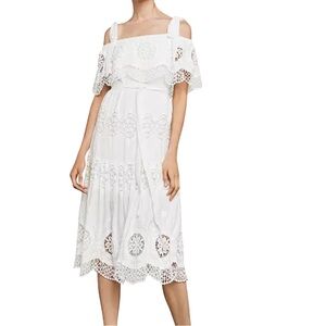 BCBGMAXAZRIA Off Shoulder Eyelet Lace Midi Dress White Size M NWT